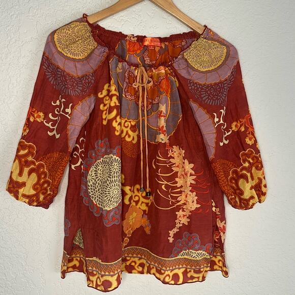 Hale Bob Cabana Orange Boho Peasant Top Silk Vacation Resortwear Fall Small - Picture 1 of 7